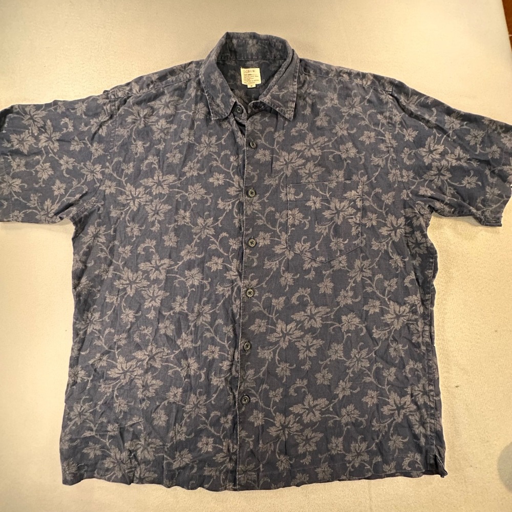 J.Crew Mens M Blue Floral Linen Short Sleeve Button Down Shirt Made in Hong Kong